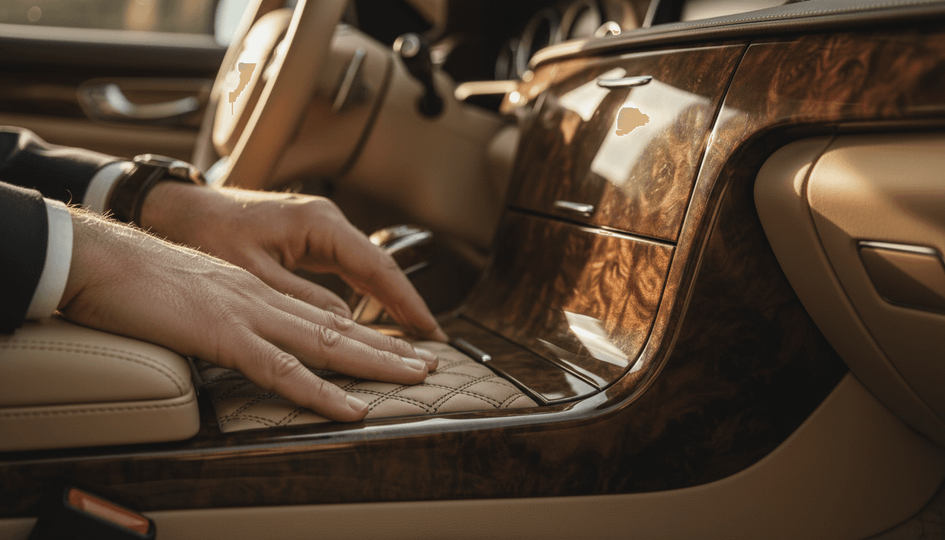 Detail inspection of luxury vehicle interior craftsmanship