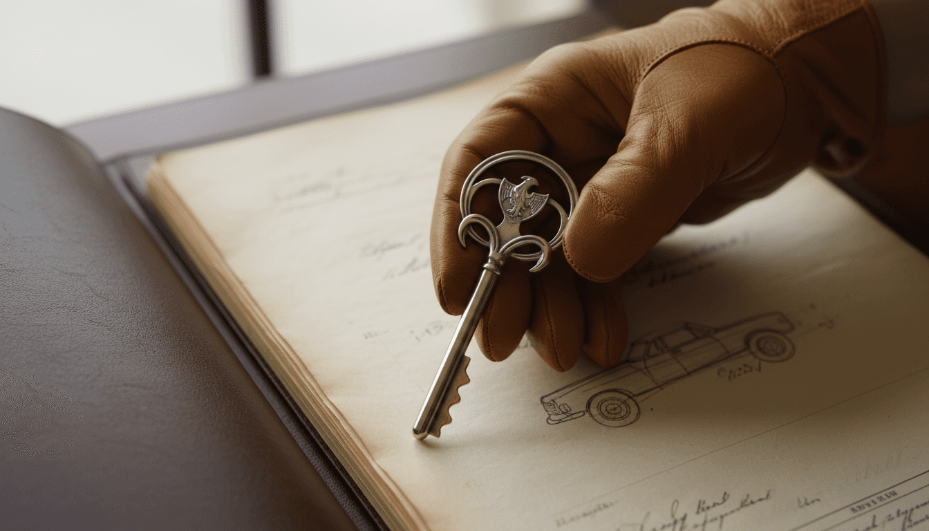 Collector's hand holding rare vehicle key with acquisition documentation