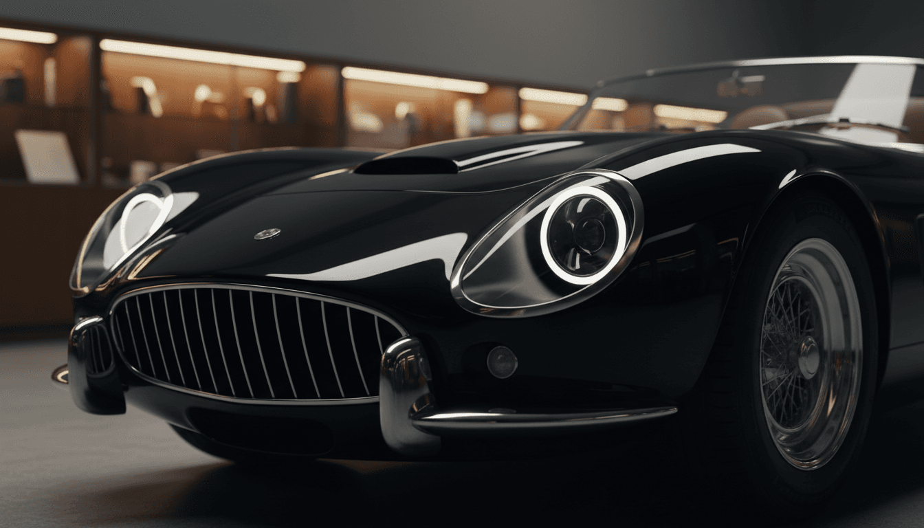Close-up of a rare luxury vehicle's polished front end with dramatic directional lighting