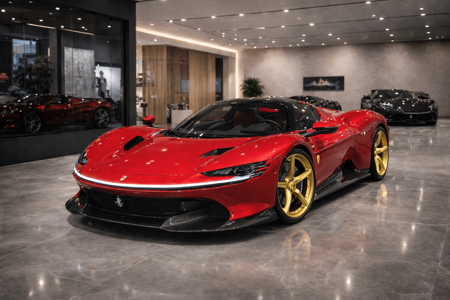 Sleek red Ferrari Daytona SP3 with gold wheels inside a modern, high-end car showroom.