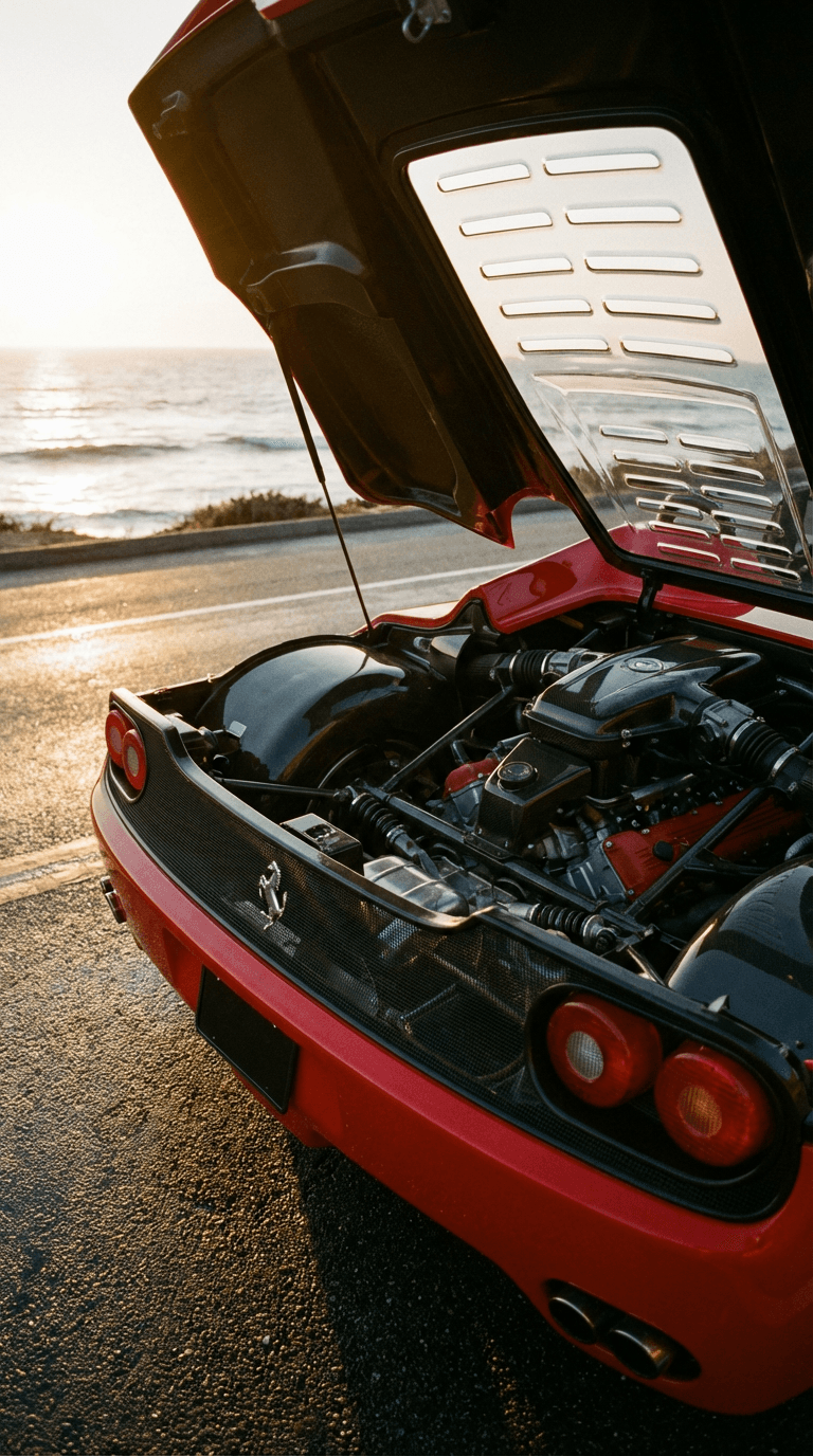 Red Ferrari F50 with open engine cover parked on a coastal road at sunset.